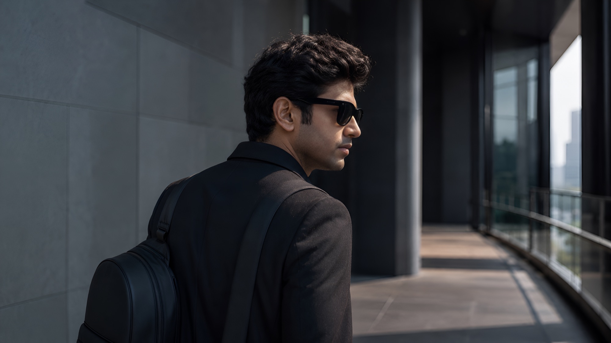 A person wearing Foboz glasses on a city walk