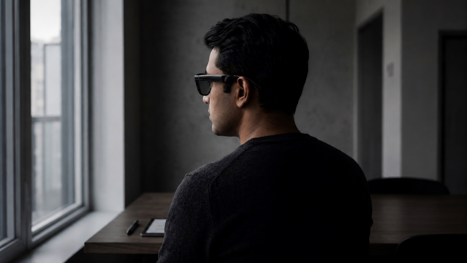 A person wearing Foboz glasses, looking out a window